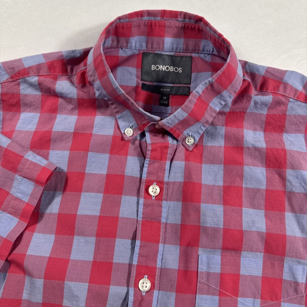 Bonobos Shirt Mens M Slim‎ Pink Blue Check Short Sleeve Button Down Casual